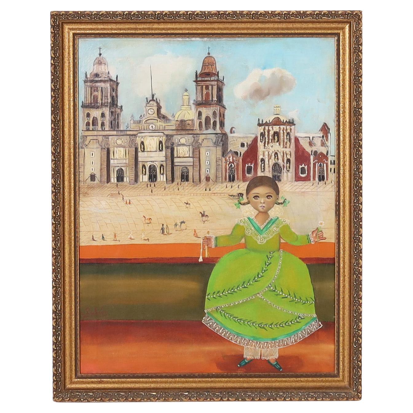 Agapito Labios Mexican Folk Art Oil Painting on Canvas of a Girl