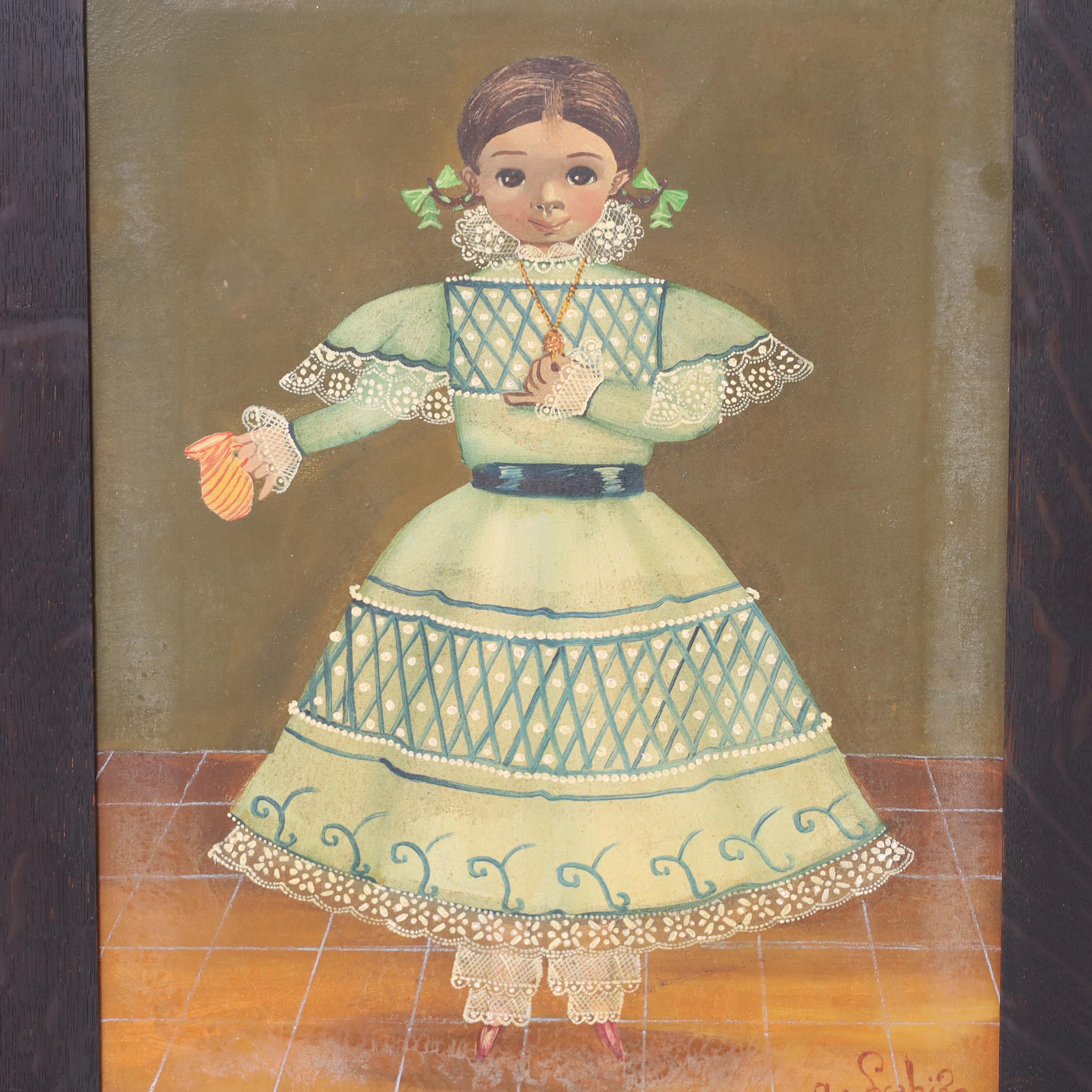Agapito Labios Pintura al óleo de arte popular sobre lienzo de una niña con vestido 1