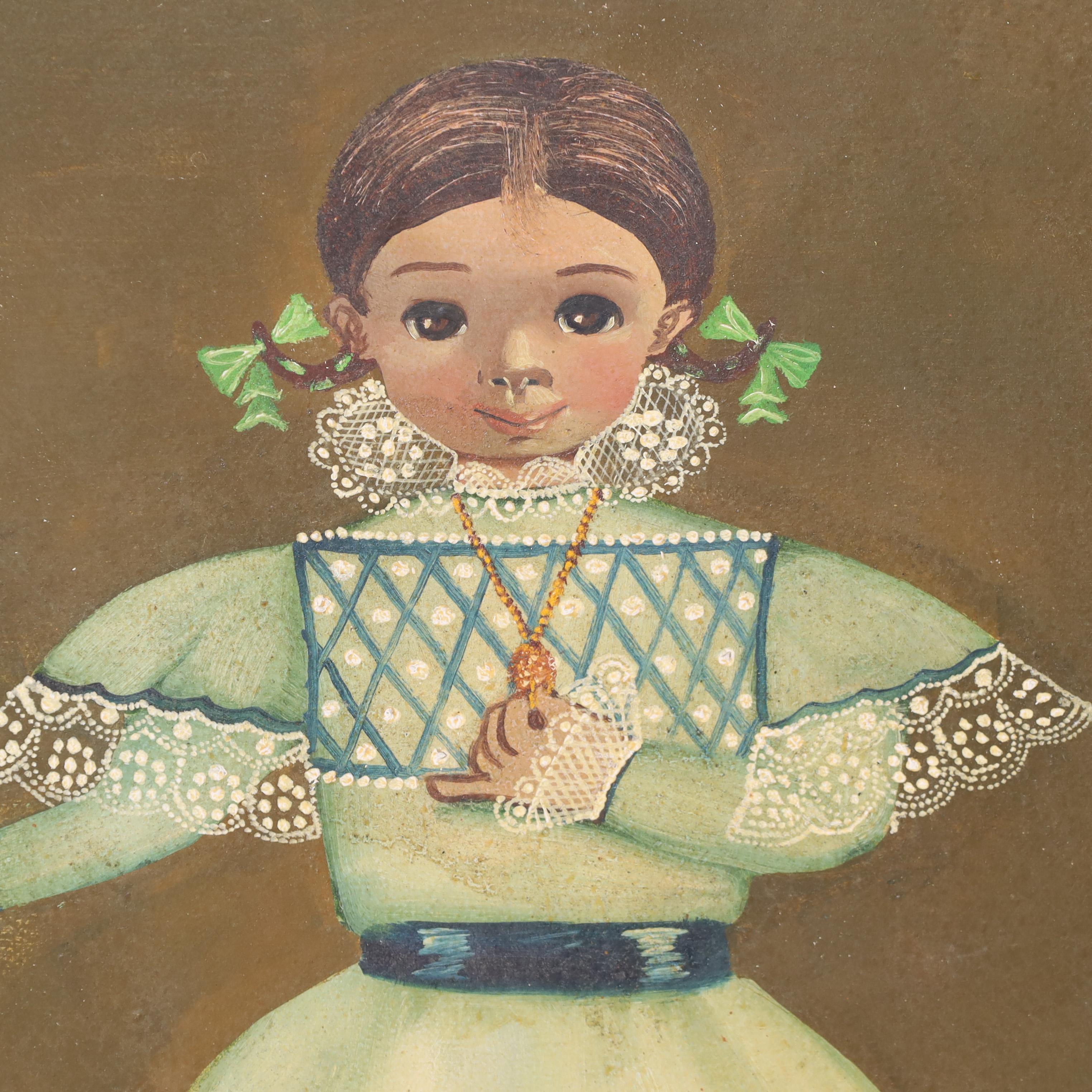 Agapito Labios Pintura al óleo de arte popular sobre lienzo de una niña con vestido 2