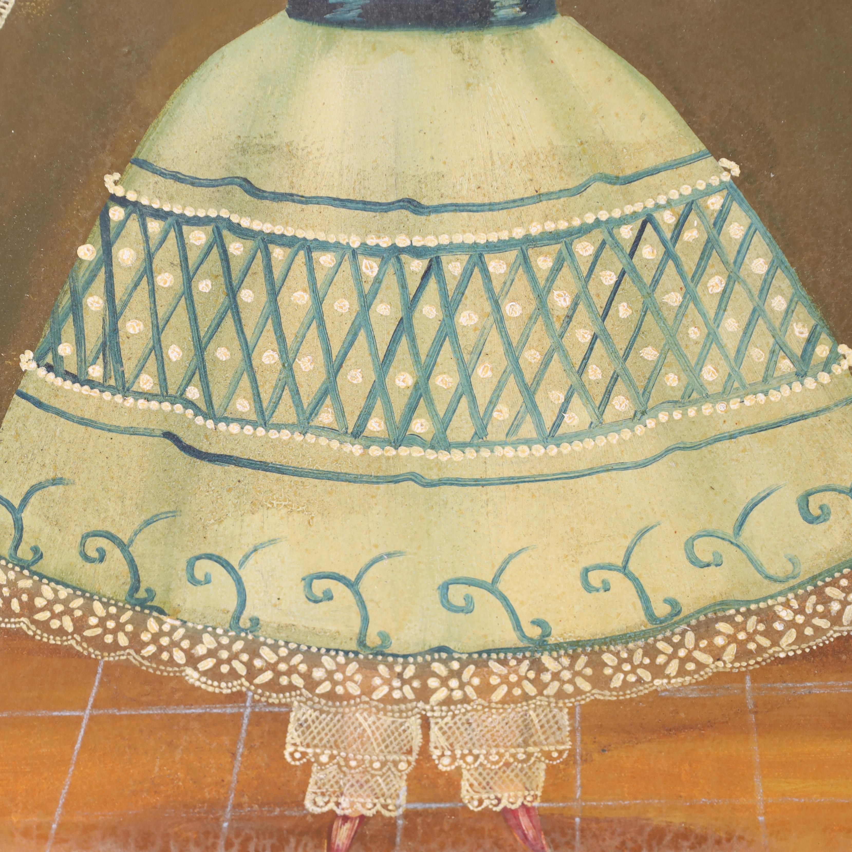 Agapito Labios Pintura al óleo de arte popular sobre lienzo de una niña con vestido 4