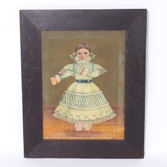 Antique Agapito Labios Folk Art Oil Painting on Canvas of a Girl in a Dress