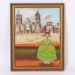Agapito Labios Pintura al óleo de arte popular mexicano sobre lienzo de una niña