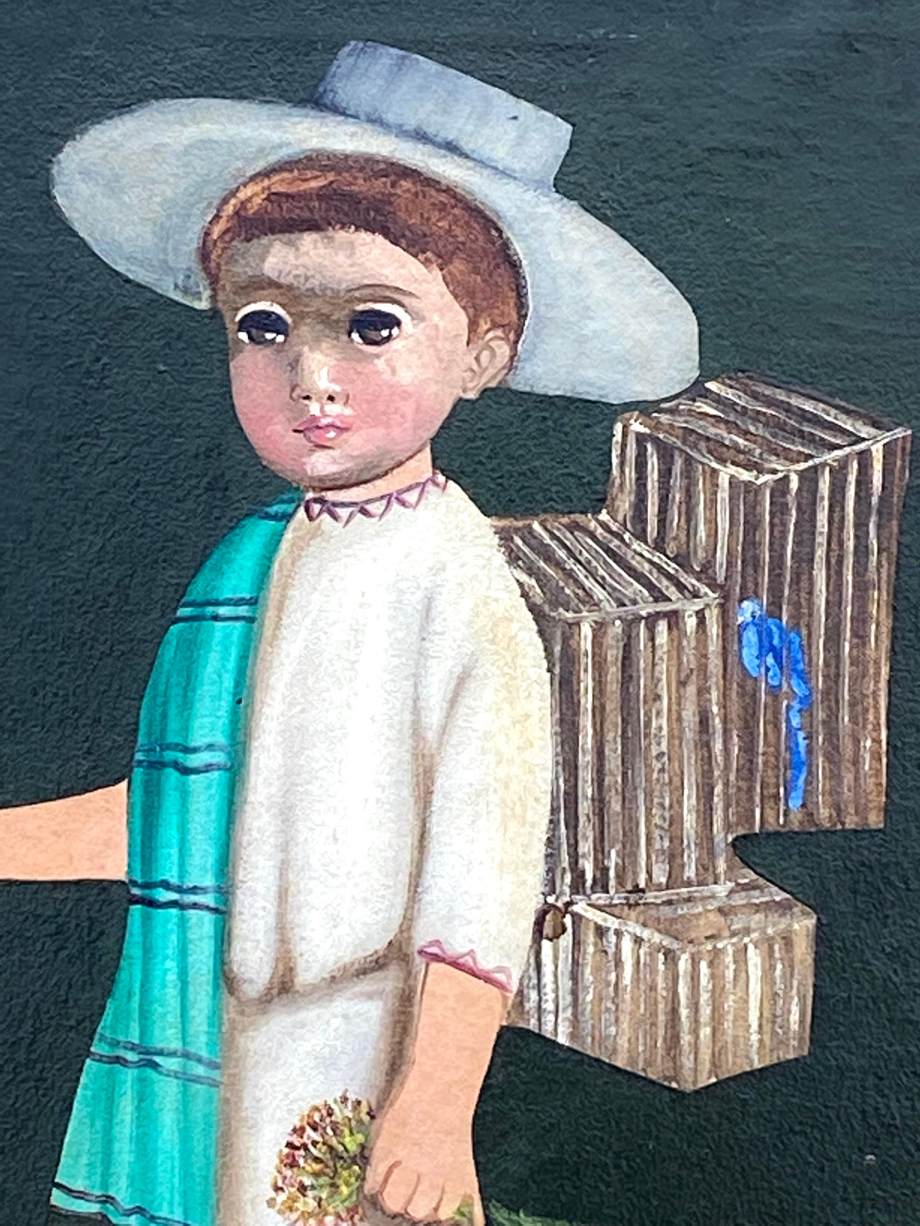 Junge mit blauen Vögeln – Painting von Agapito Labios