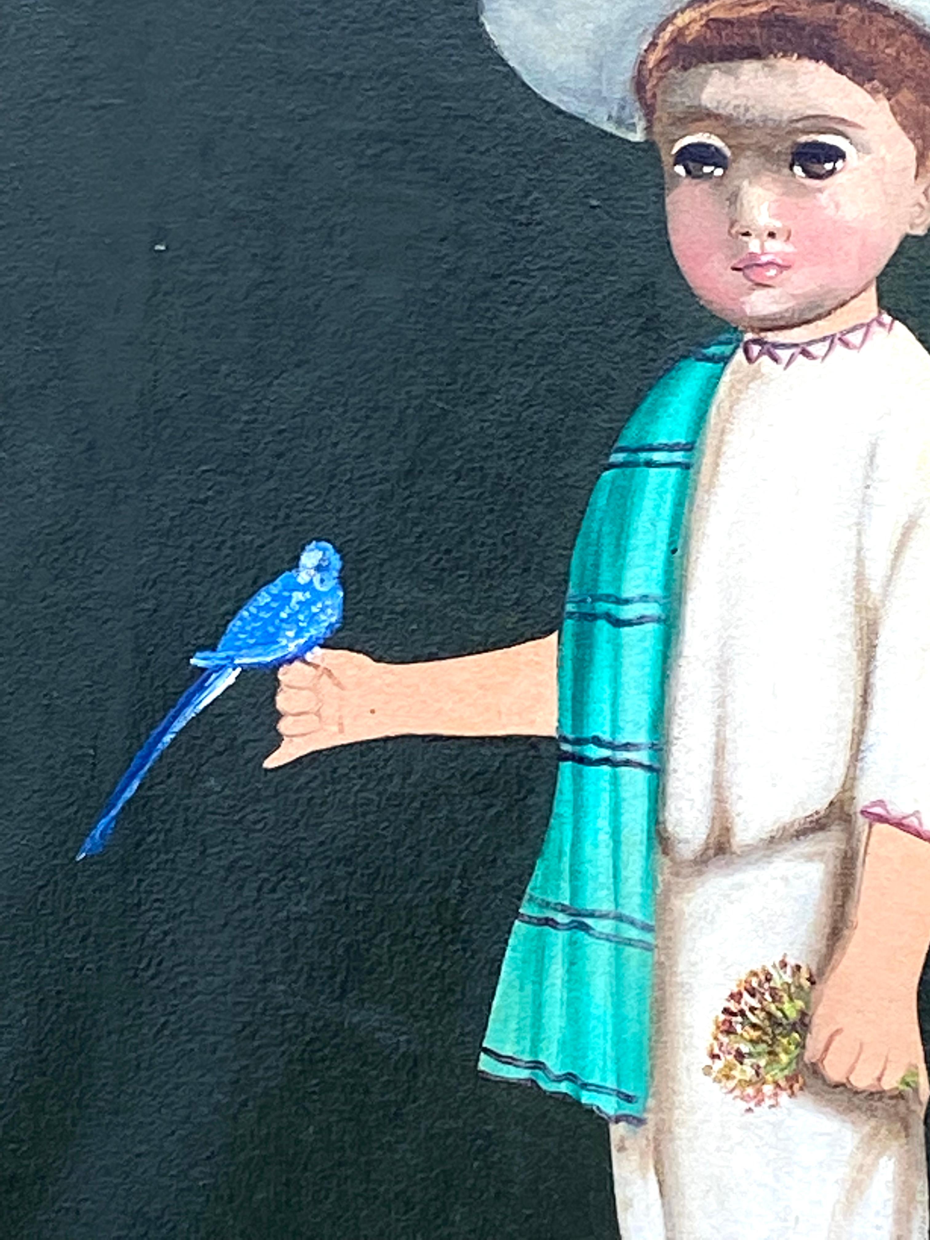 Junge mit blauen Vögeln (Schwarz), Figurative Painting, von Agapito Labios