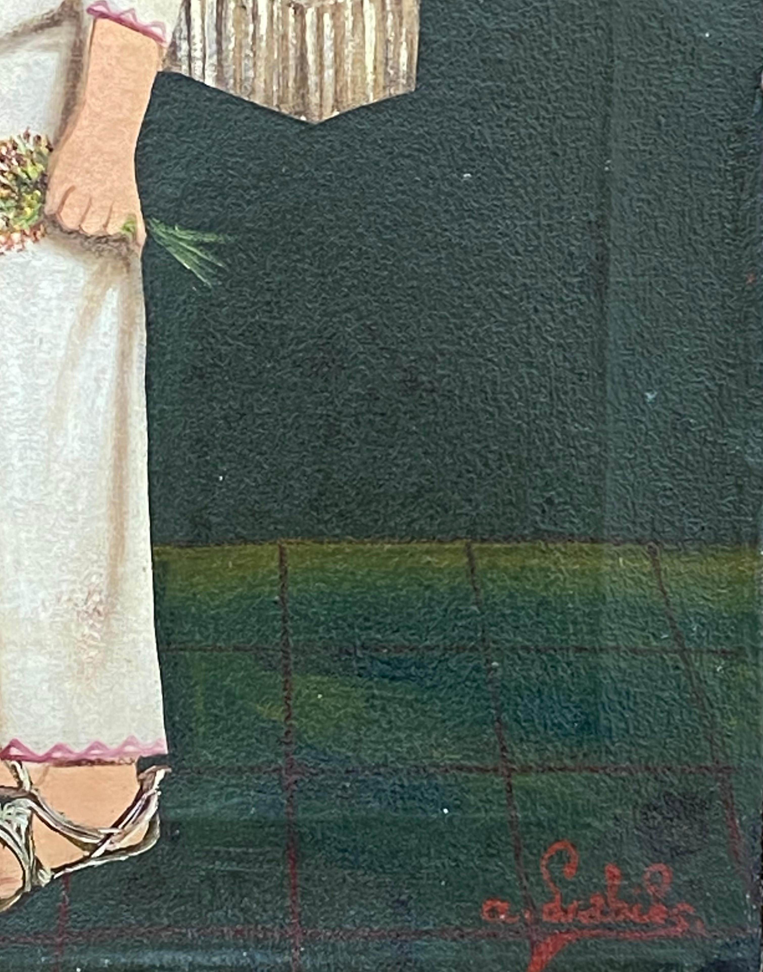 Original Öl auf Leinwand Volkskunst Gemälde von dem bekannten mexikanischen Künstler, Agapito Labios.  Signiert unten rechts. Circa 1935. Der Zustand ist sehr gut. Leichte Abnutzungserscheinungen auf dem Keilrahmen und leichte Knicke in der Leinwand