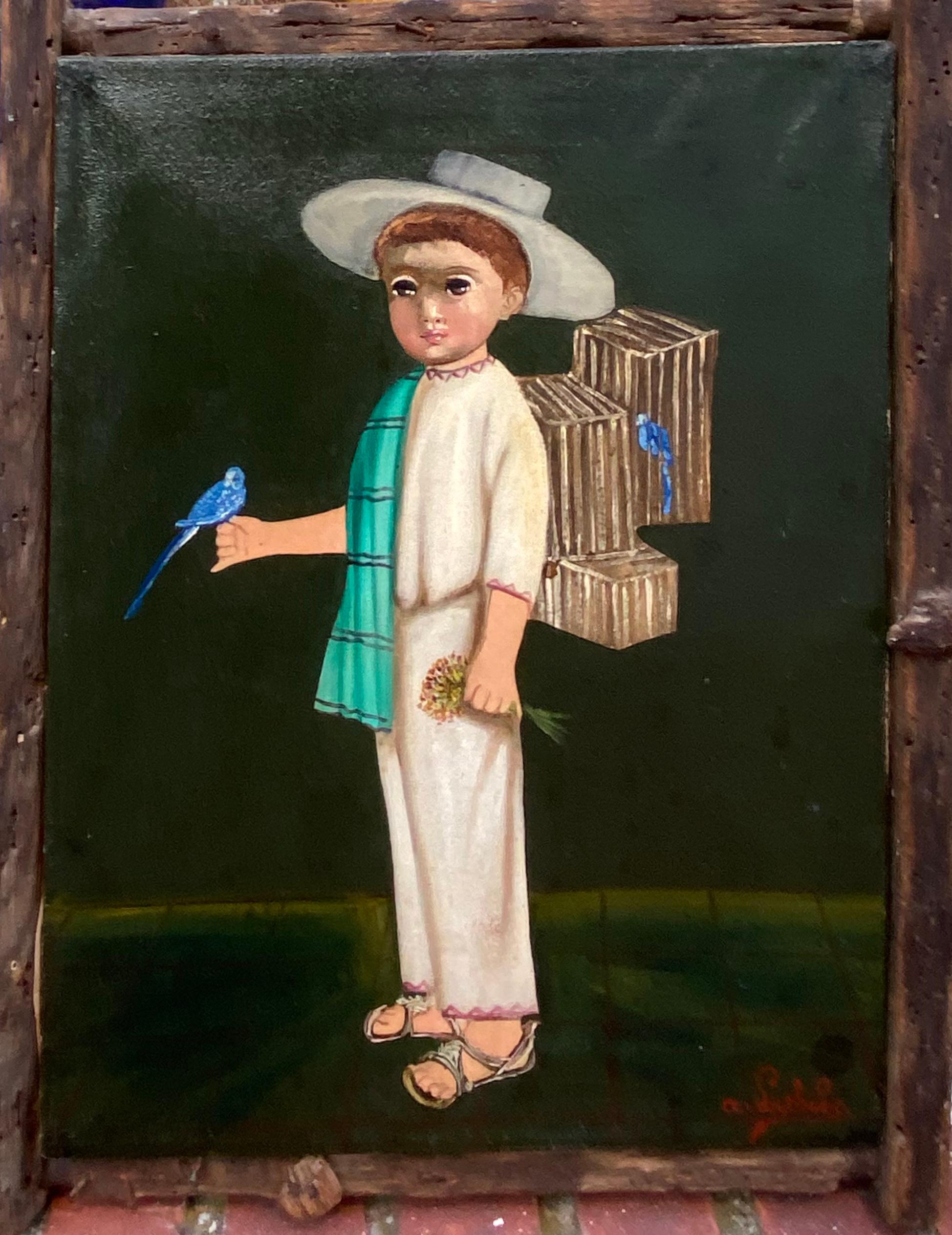 “Boy with Blue Birds” - Folk Art Painting by Agapito Labios