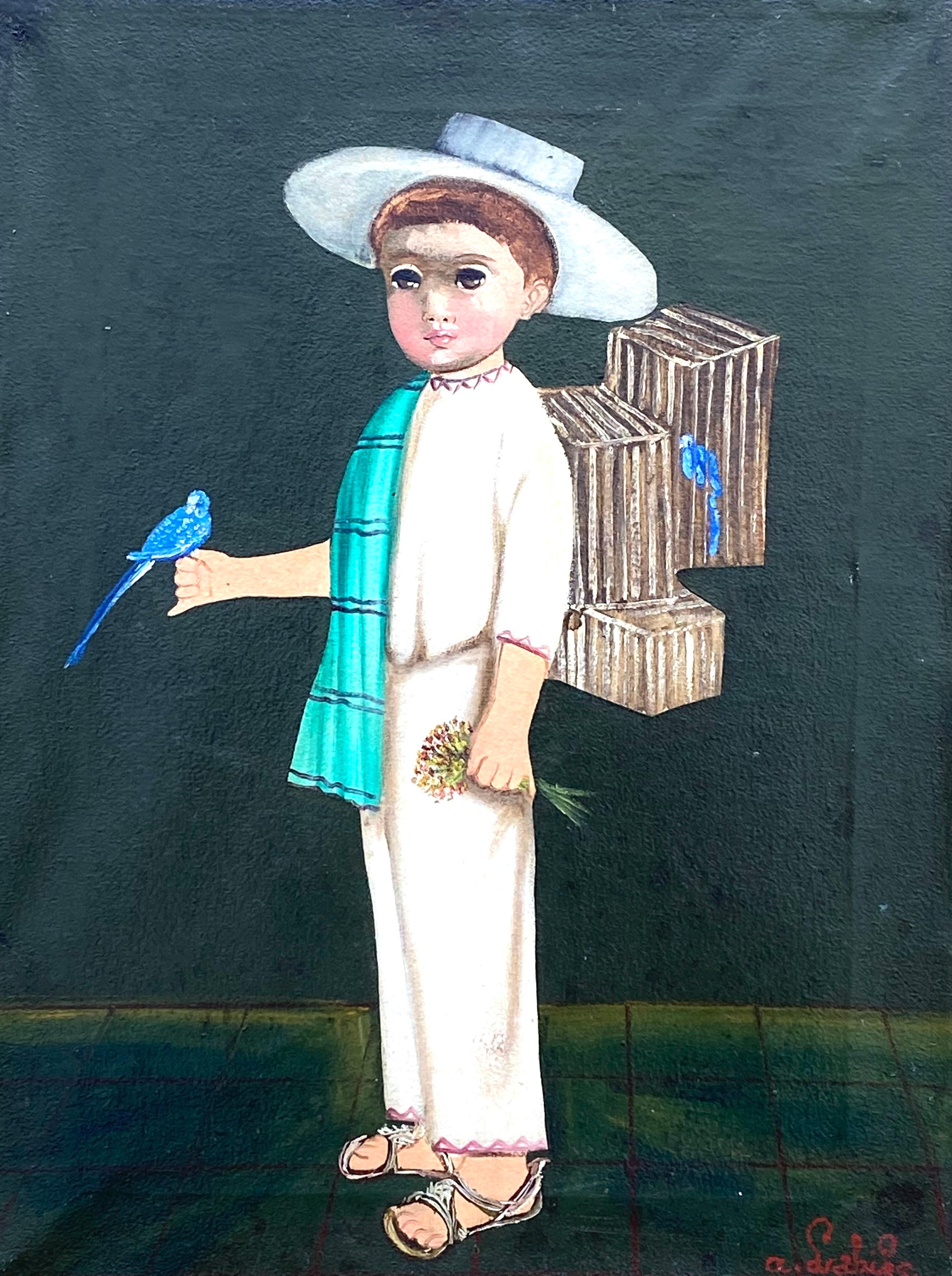 Agapito Labios Figurative Painting - “Boy with Blue Birds”