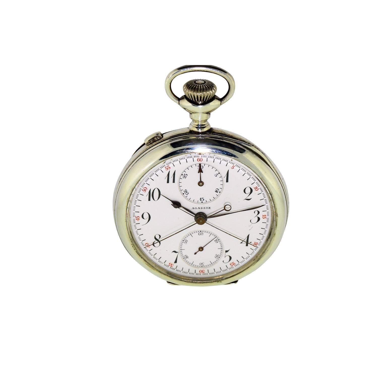 FACTORY / HOUSE: Agassiz Watch Company
STYLE / REFERENCE: Open Faced / Split Seconds Chronograph
METAL / MATERIAL: Sterling Silver
DIMENSIONS: Length & Diameter 52mm
CIRCA: 1910 / 1920
MOVEMENT / CALIBER: Manual Winding / 19 Jewels / High Grade
DIAL
