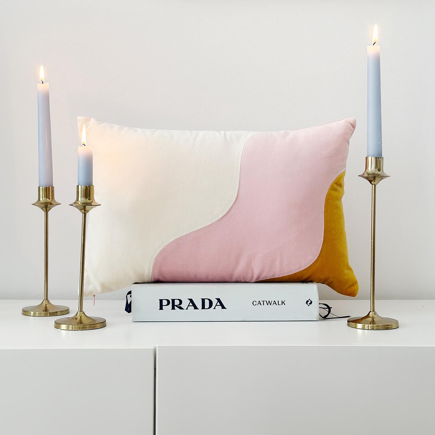 Portuguese AGATA Ivory, Pink & Mustard Velvet Deluxe Handmade Decorative Pillow For Sale