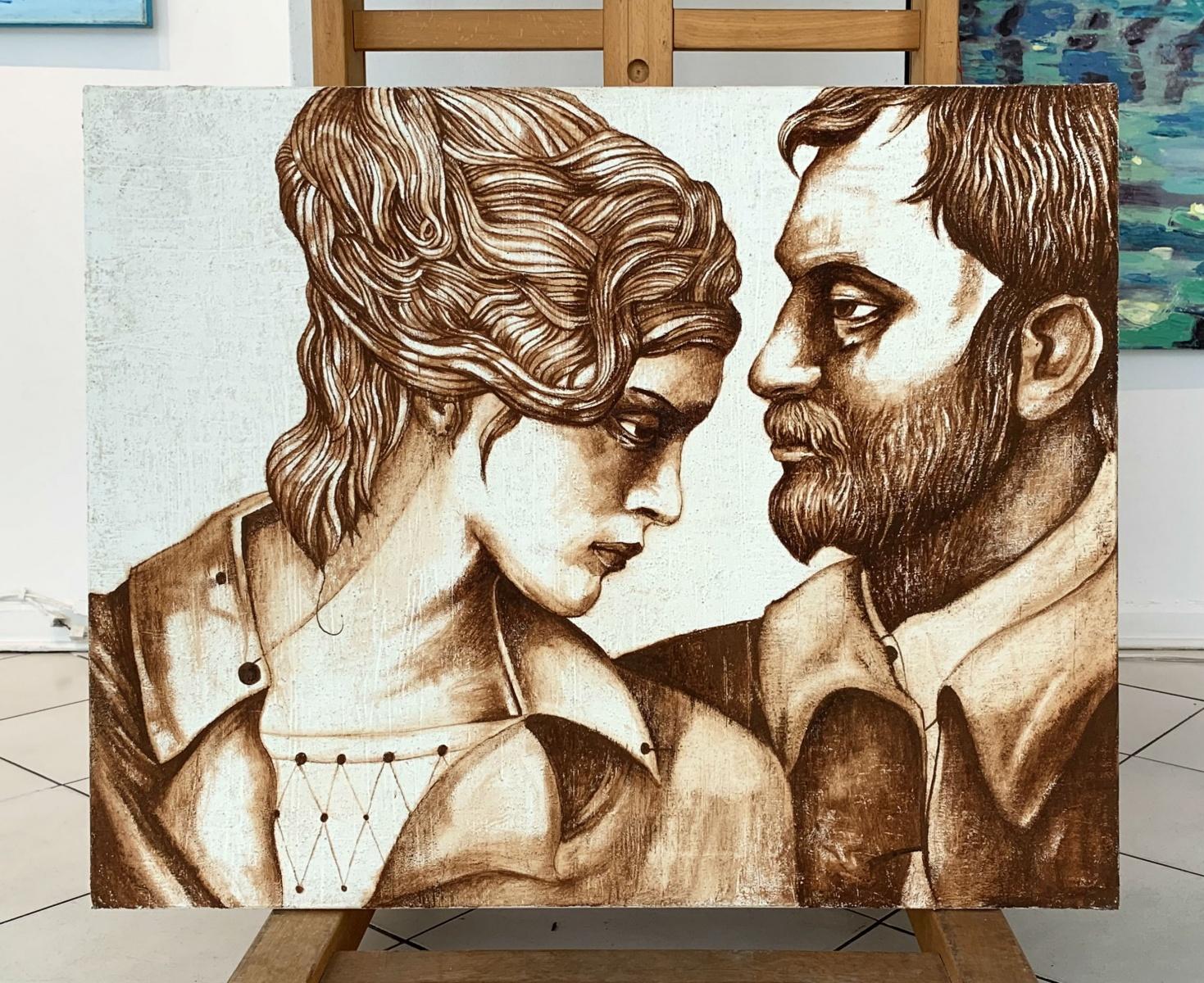 Una pareja en sepia - Pintura figurativa al gouache, Retrato doble, Texturizado - Painting de Agata Stomma
