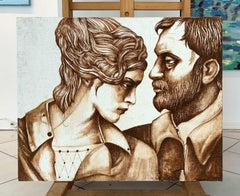 A couple in sepia - Figurative Gouache Painting, Double Portrait, Textured