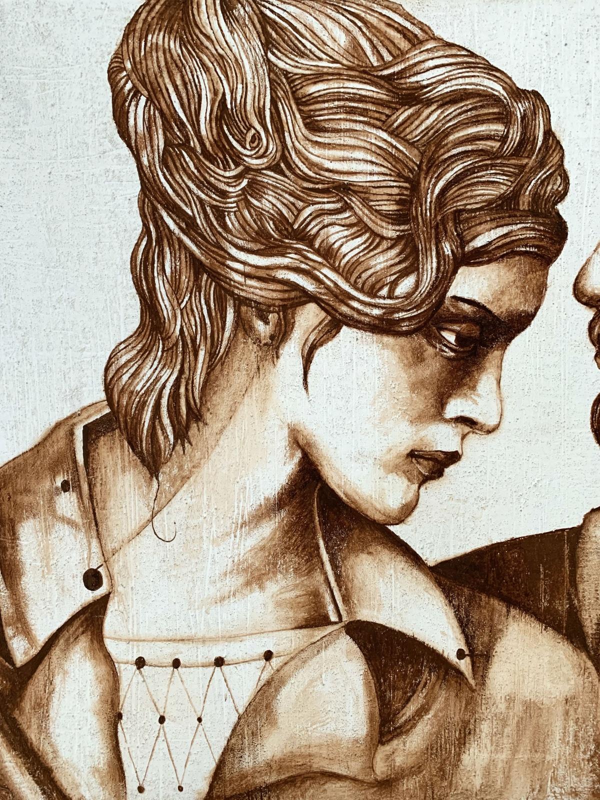 Una pareja en sepia - Pintura figurativa al gouache, Retrato doble, Texturizado - Portrait Painting Beige de Agata Stomma