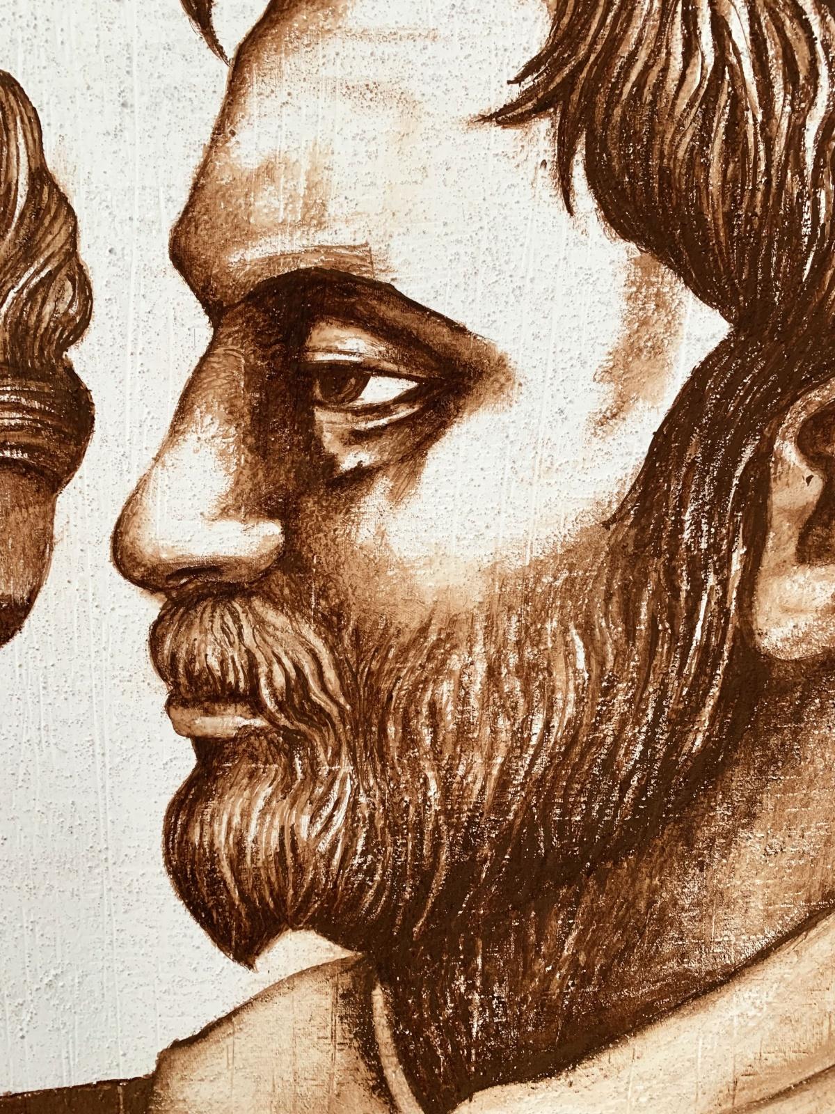 Una pareja en sepia - Pintura figurativa al gouache, Retrato doble, Texturizado en venta 1