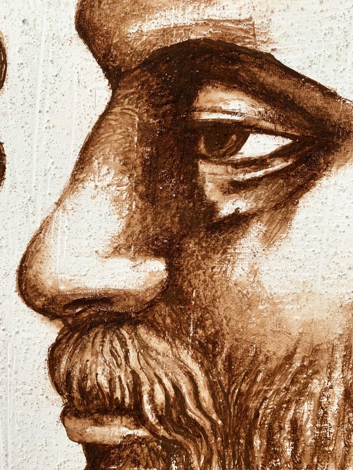 Una pareja en sepia - Pintura figurativa al gouache, Retrato doble, Texturizado en venta 2