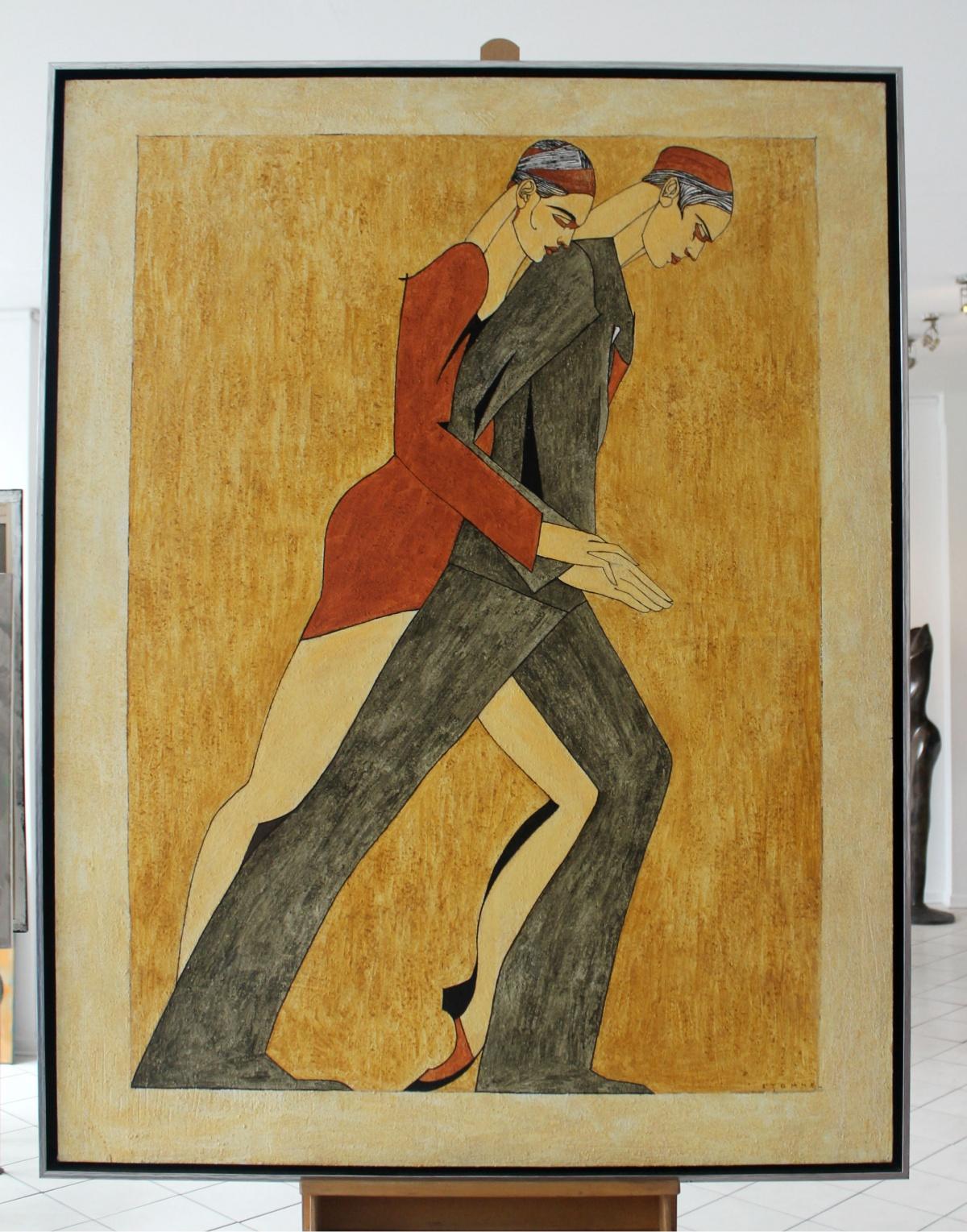 Two of them - 21st Century, Dancing Couple, Contemporary Figurative Oil Painting - Brown Portrait Painting by Agata Stomma