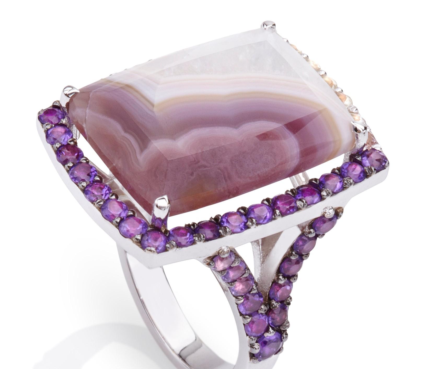 Cushion Cut Agate 18Kt White Gold Ring Set with Agate Amethyst and Tourmaline One of a Kind