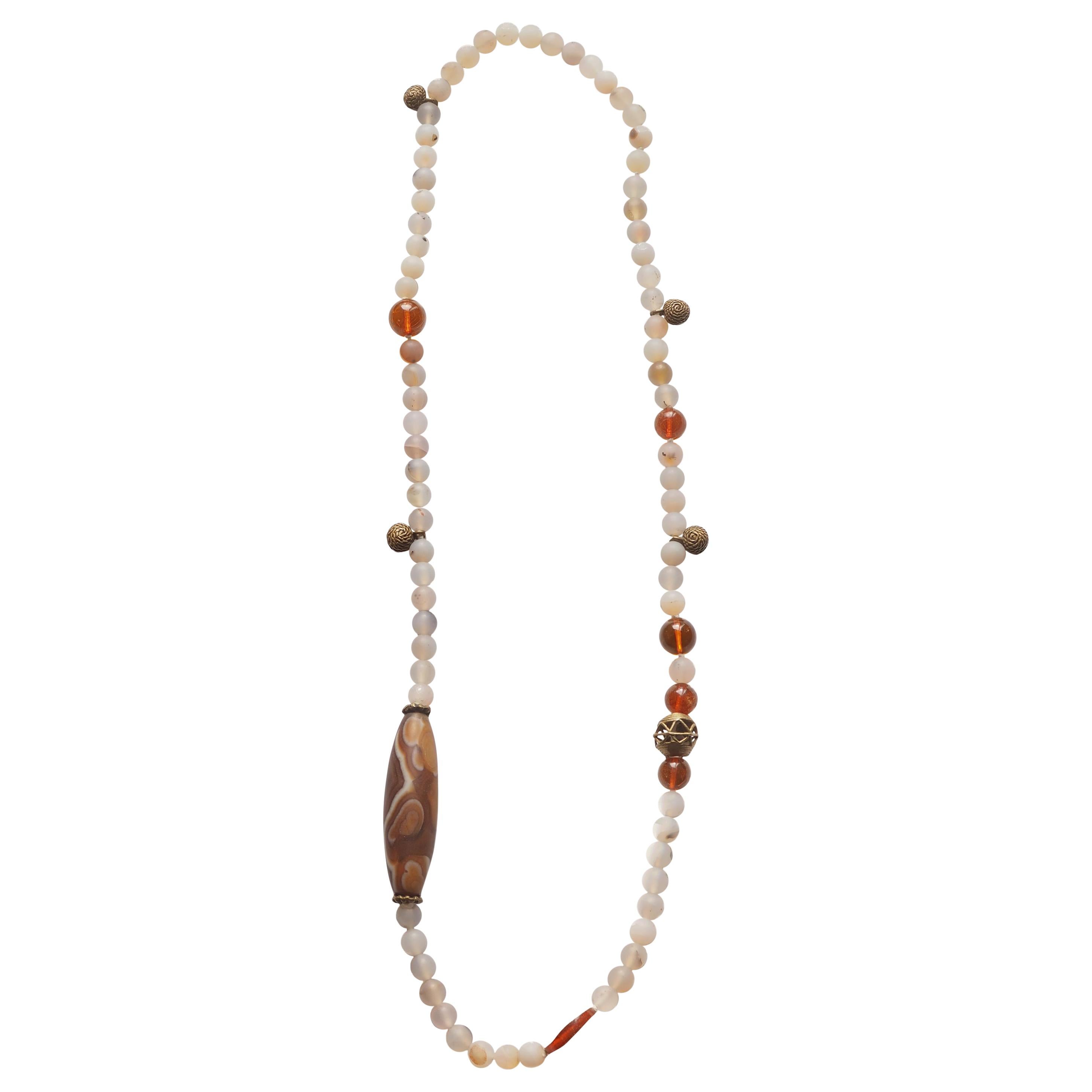 Agate Amber African Bronze Long Necklace For Sale