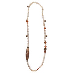 Collier long en bronze africain, agate et ambre