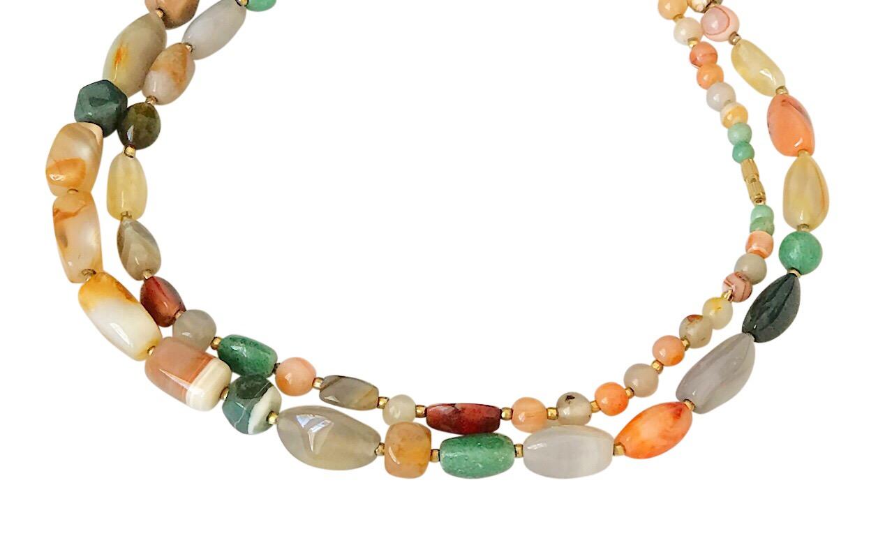 This agate and jadeite mixed stone necklace is opera length. It has a metal screw-on clasp so that it can be worn either full length or fully doubled or as a choker with the rest of the necklace draped down. The beads are beautiful and translucent