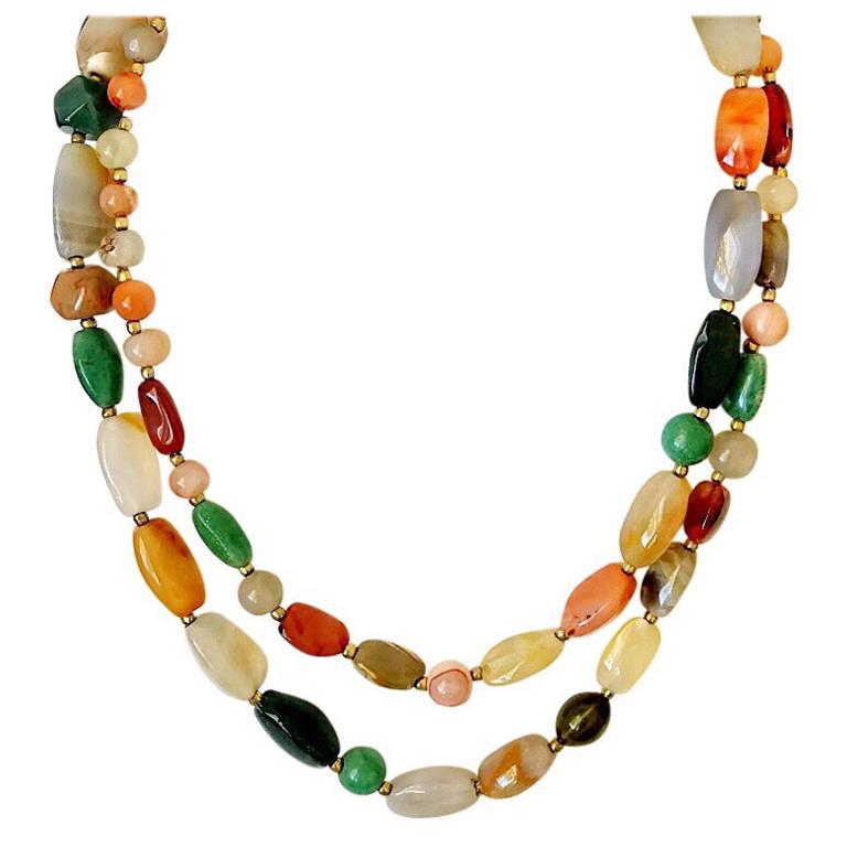 Agate and Jadeite Mixed Stone Opera Length Necklace For Sale