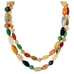 Agate and Jadeite Mixed Stone Opera Length Necklace