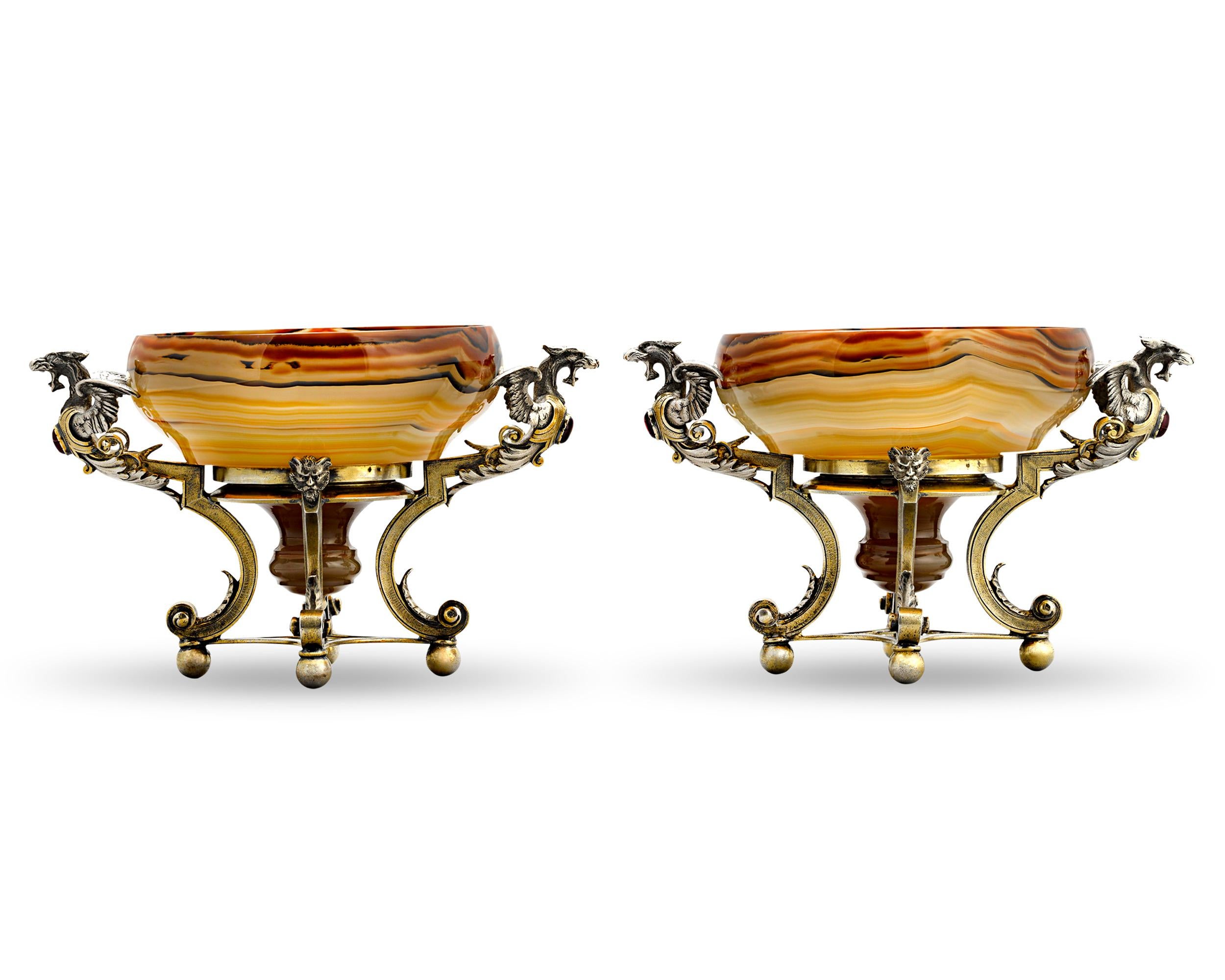 French Agate and Silver Tazzas by Jules Wiese For Sale