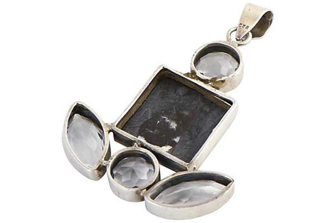 Agate and White Topaz Sterling Silver Pendant In Good Condition For Sale In Miami Beach, FL