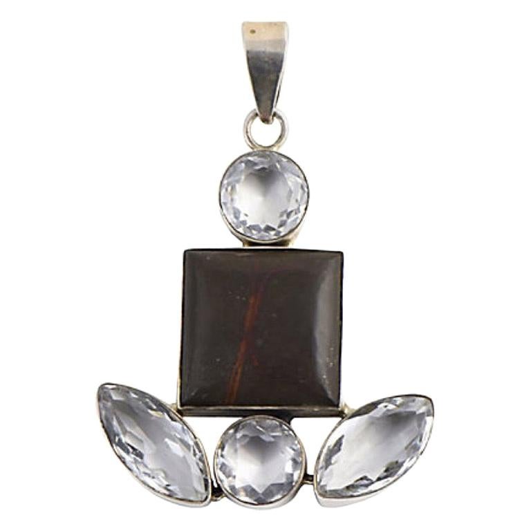 Agate and White Topaz Sterling Silver Pendant