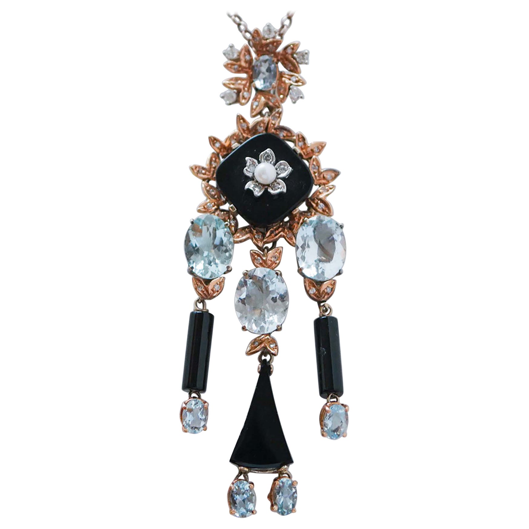 Agate, aigue-marine, diamants, perles, pendentif en or blanc et or rose 14 Kt.