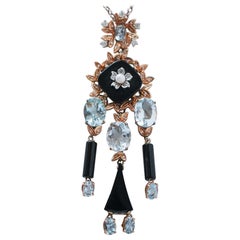 Agate, aigue-marine, diamants, perles, pendentif en or blanc et or rose 14 Kt.