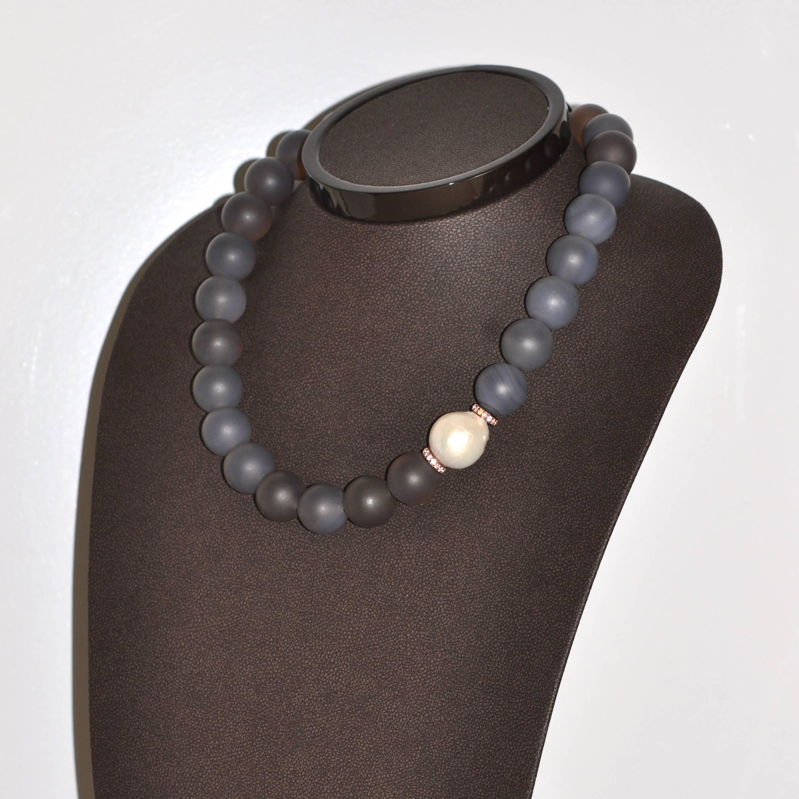 Brilliant Cut Agate, Baroque Pearl and Pink Sapphire Necklace For Sale