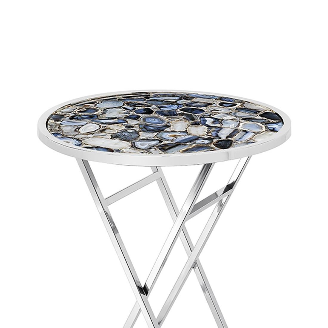 Table d'appoint bleu agate avec plateau en pierre d'agate véritable
avec cadre supérieur en acier inoxydable poli. Sur du poli
base en acier inoxydable (base non pliable).