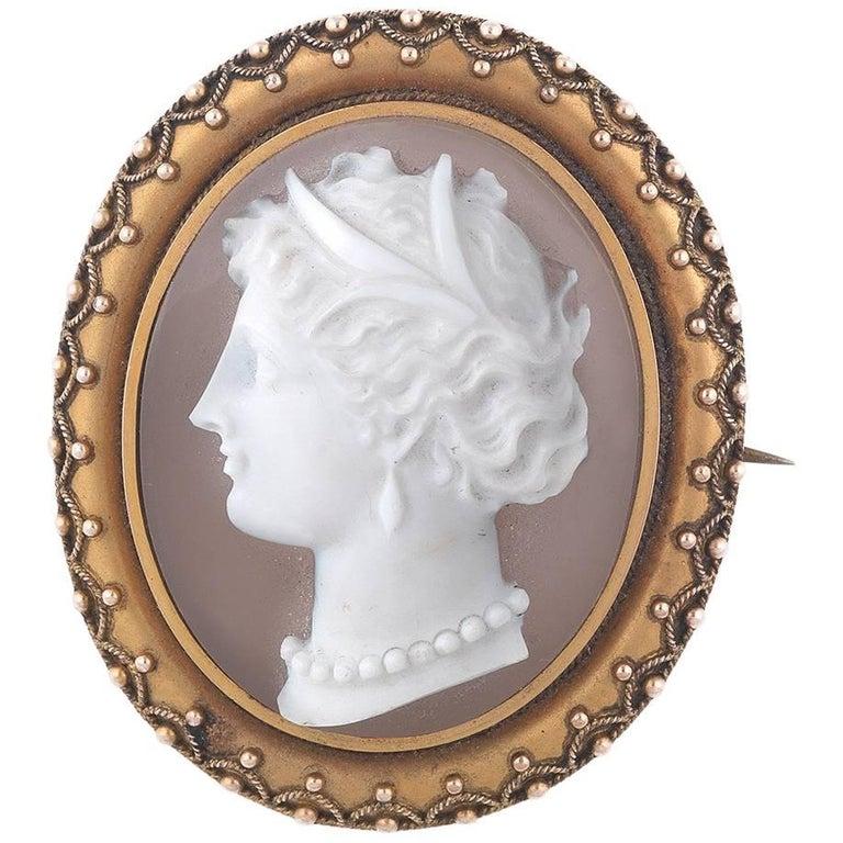 

Victorian carved hard stone cameo brooch mounted in Gold, end of the XIX century, weight 21,9 gr, size 4,7 X 3,8 cm.