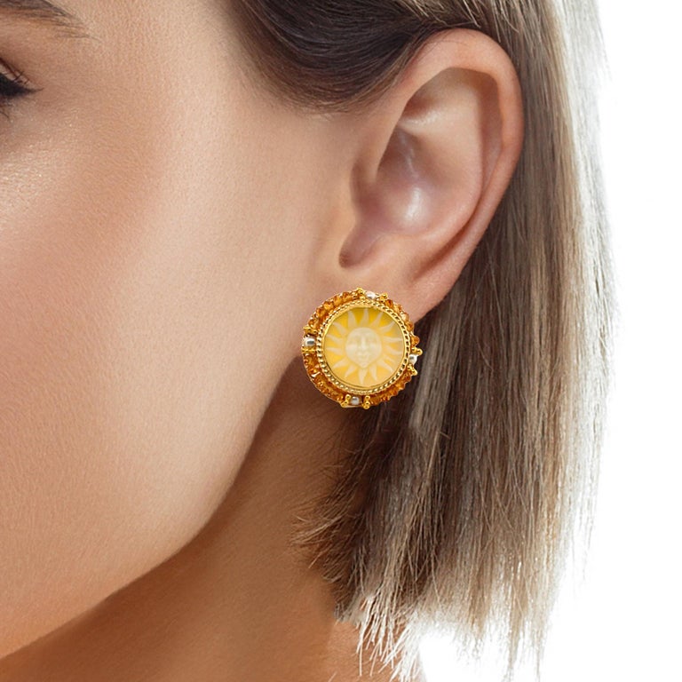 Agate Cameo, Citrine Bead and Pearl 18k Yellow Gold French Clip Post Earrings  For Sale 2