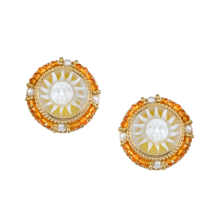 Agate Cameo, Citrine Bead and Pearl 18k Yellow Gold French Clip Post Earrings  For Sale