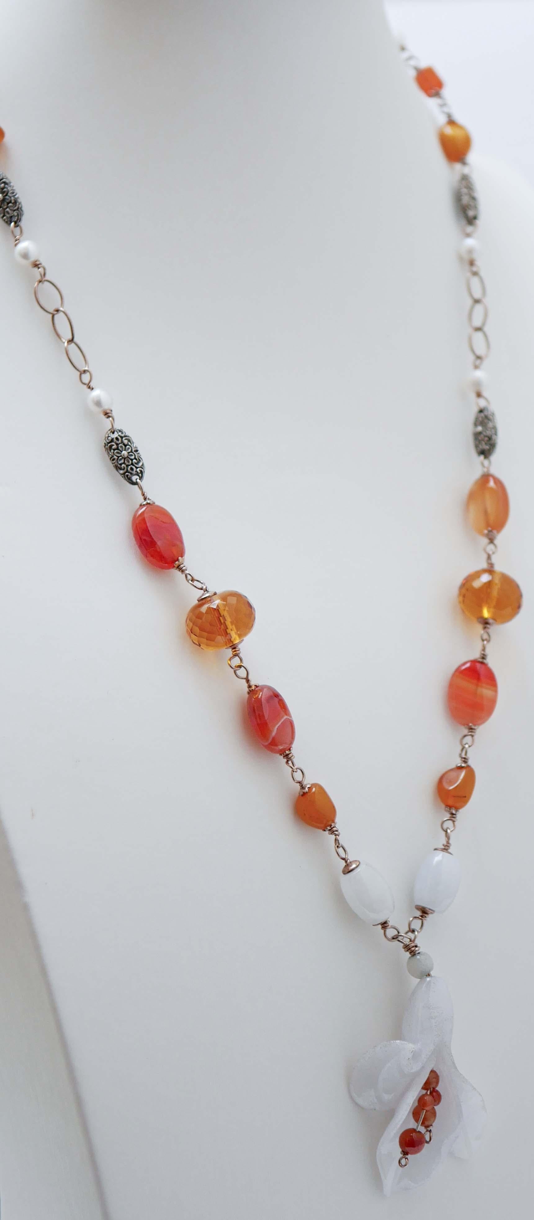 Retro Agate, Carnelian, Hydrothermal Topazs, Amber, Pearls,  Gold and Silver Necklace. For Sale