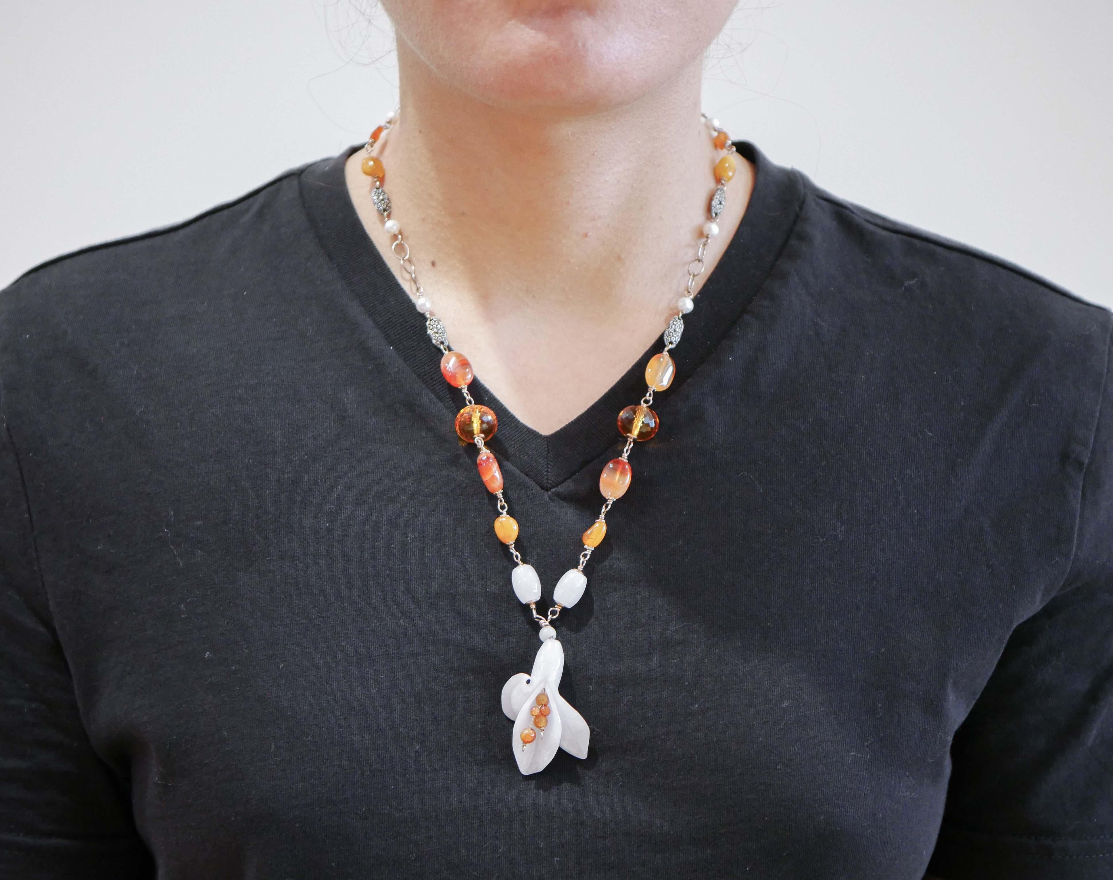 Mixed Cut Agate, Carnelian, Hydrothermal Topazs, Amber, Pearls,  Gold and Silver Necklace. For Sale