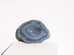 Agate Catchall Trinket Bowl - Blue / Grey with Raw Stone Base - Large Size 1970s