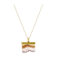 Agate Crystal, Rectangular, Gray, Lavender, Peach, Yellow Gold Pendant Necklace