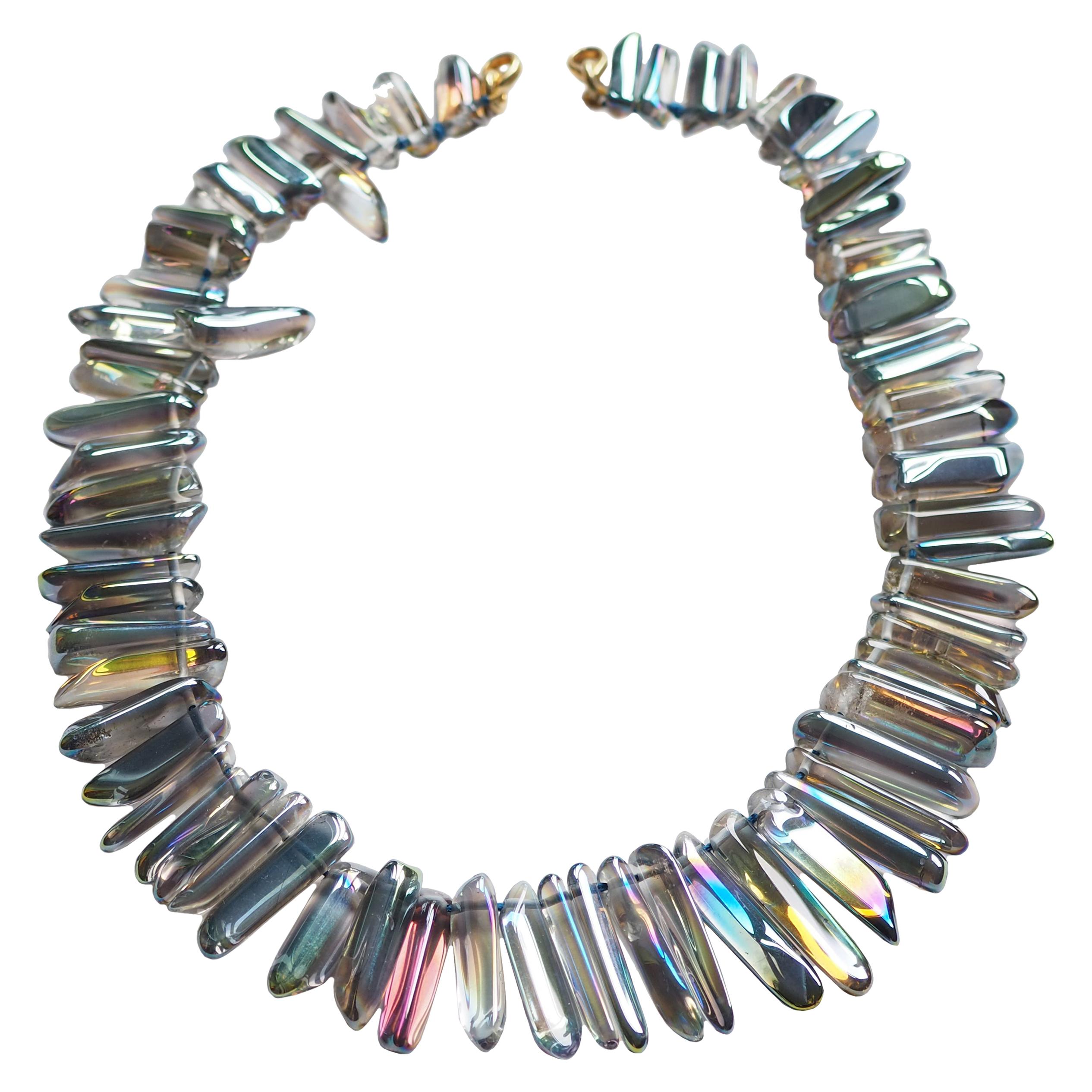 Agate Crystal Blu Opalescent Color Bead Necklace For Sale