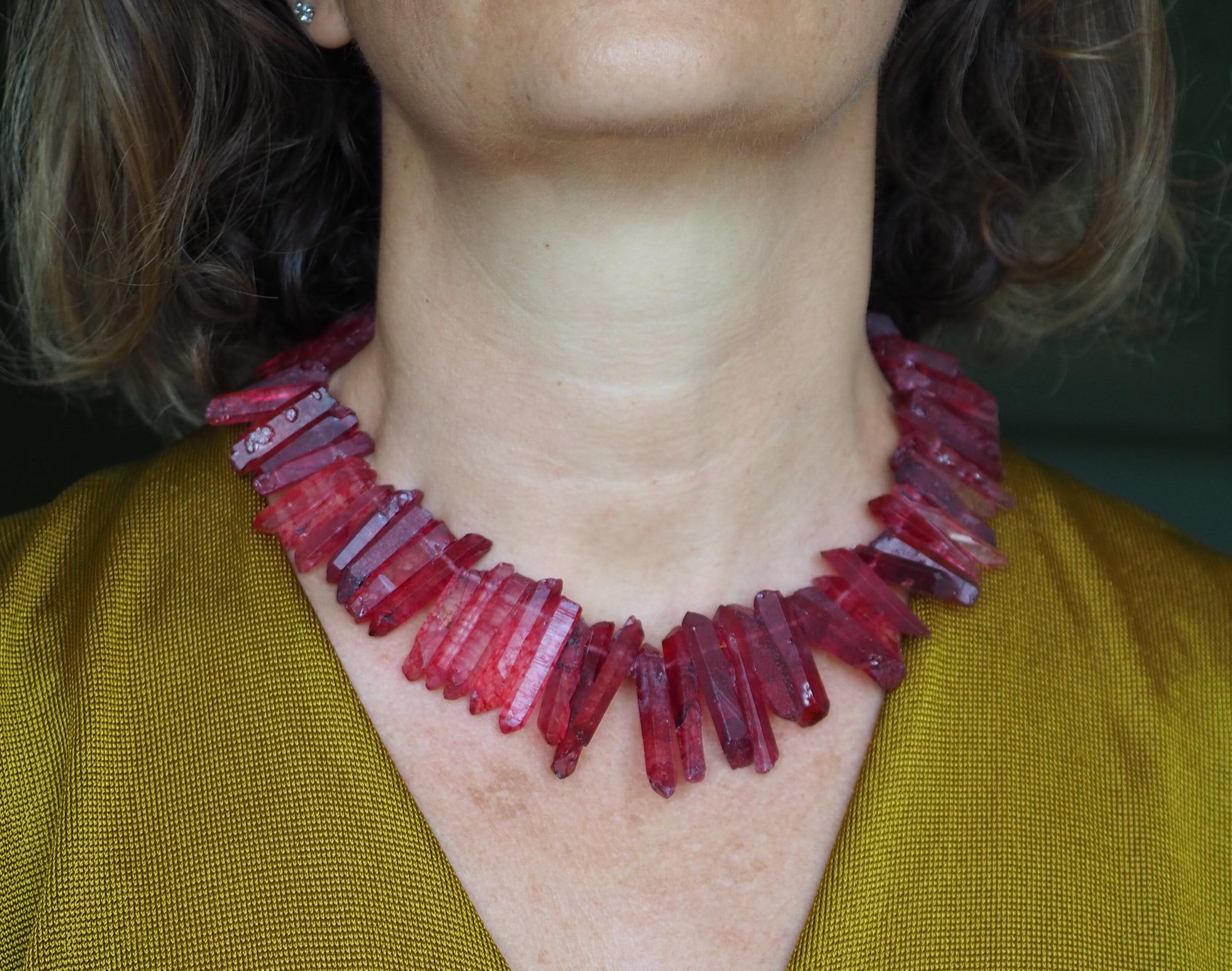 Mixed Cut Agate Crystal Red Pink Necklace For Sale