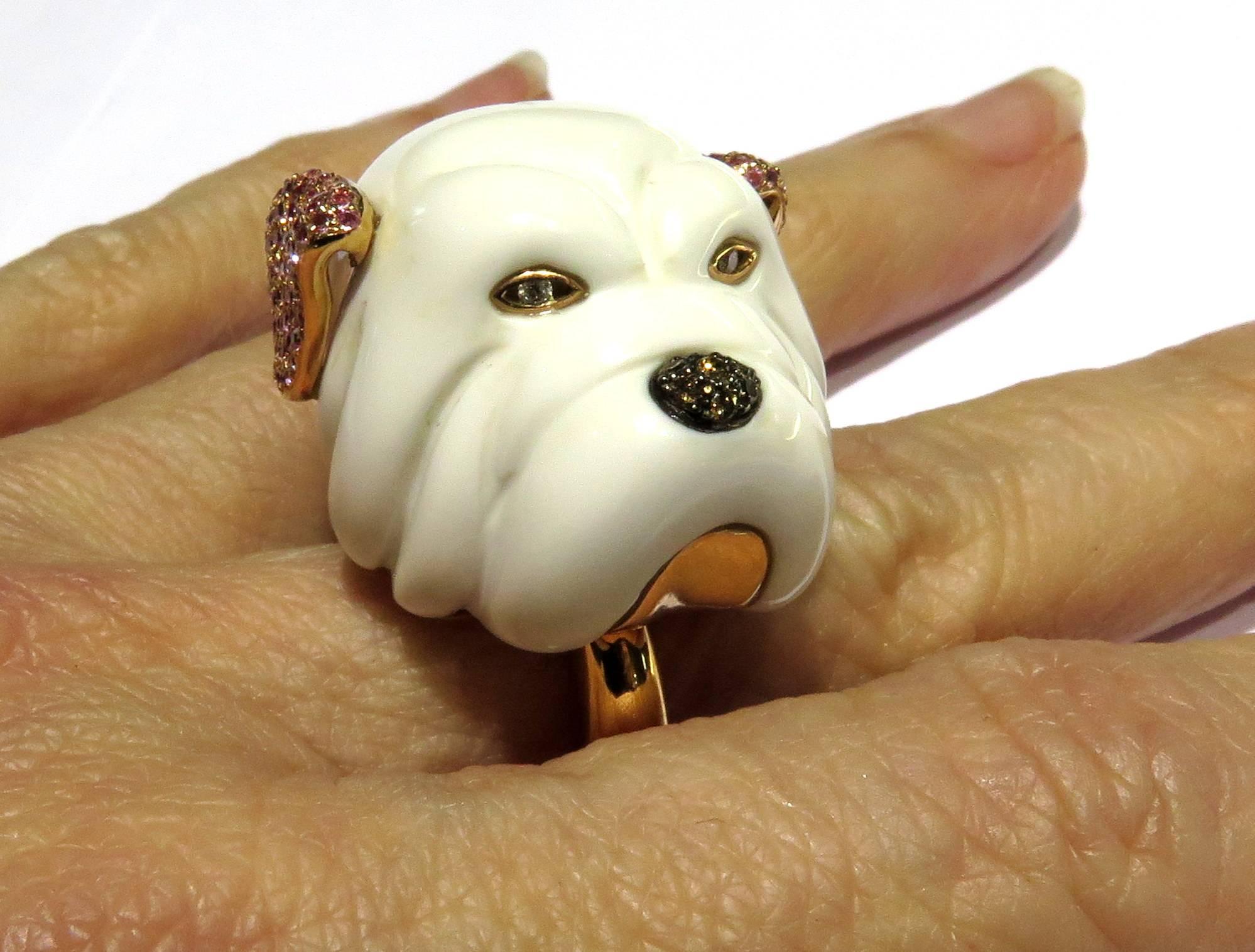 Agate, Diamond Eyes, Brown Diamond Nose, Pink Sapphire Ears, Rose Gold Dog Ring 7