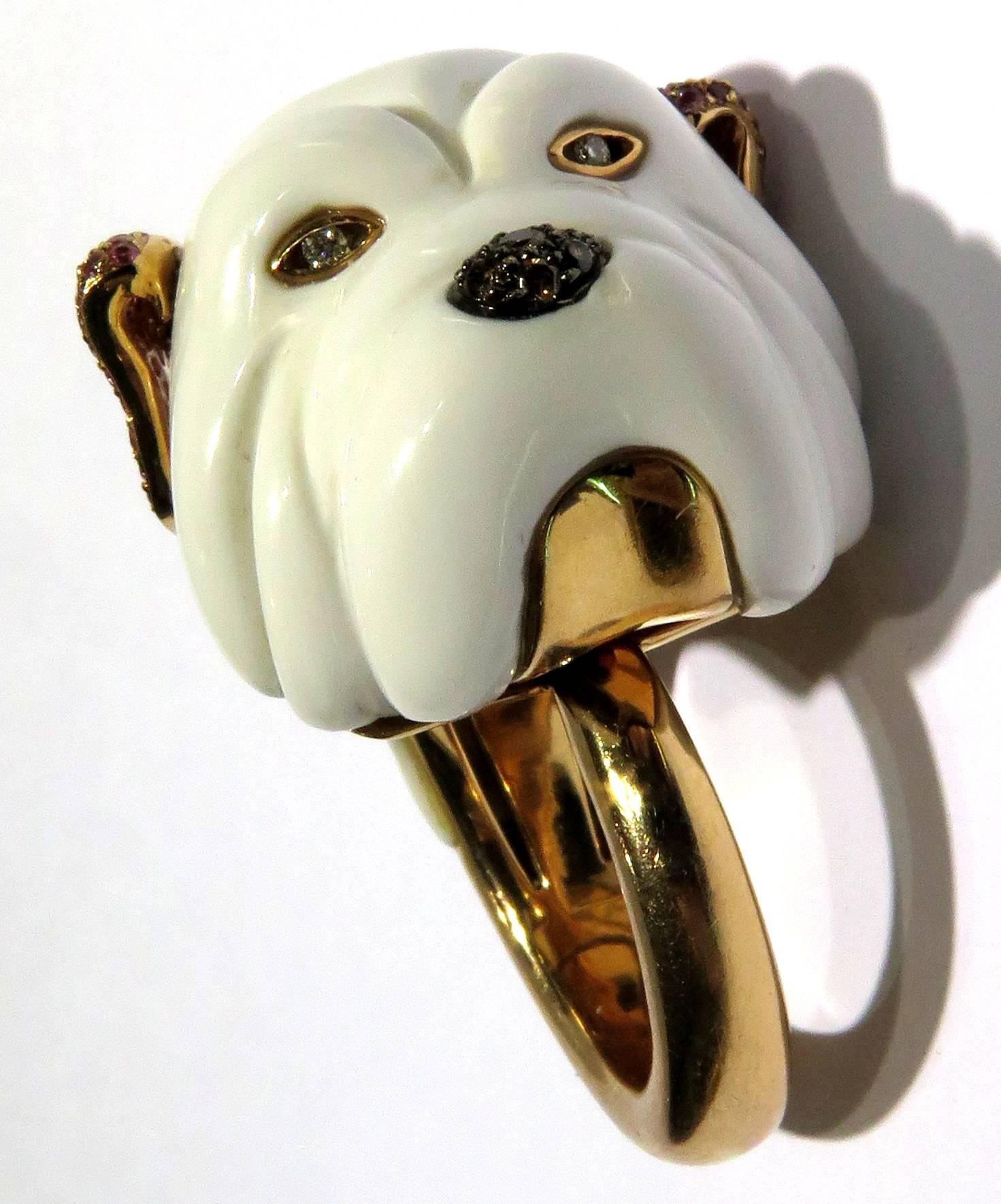 Women's or Men's Agate, Diamond Eyes, Brown Diamond Nose, Pink Sapphire Ears, Rose Gold Dog Ring