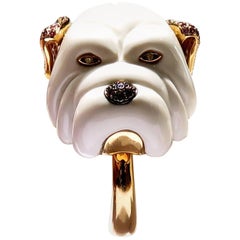 Agate, Diamond Eyes, Brown Diamond Nose, Pink Sapphire Ears, Rose Gold Dog Ring