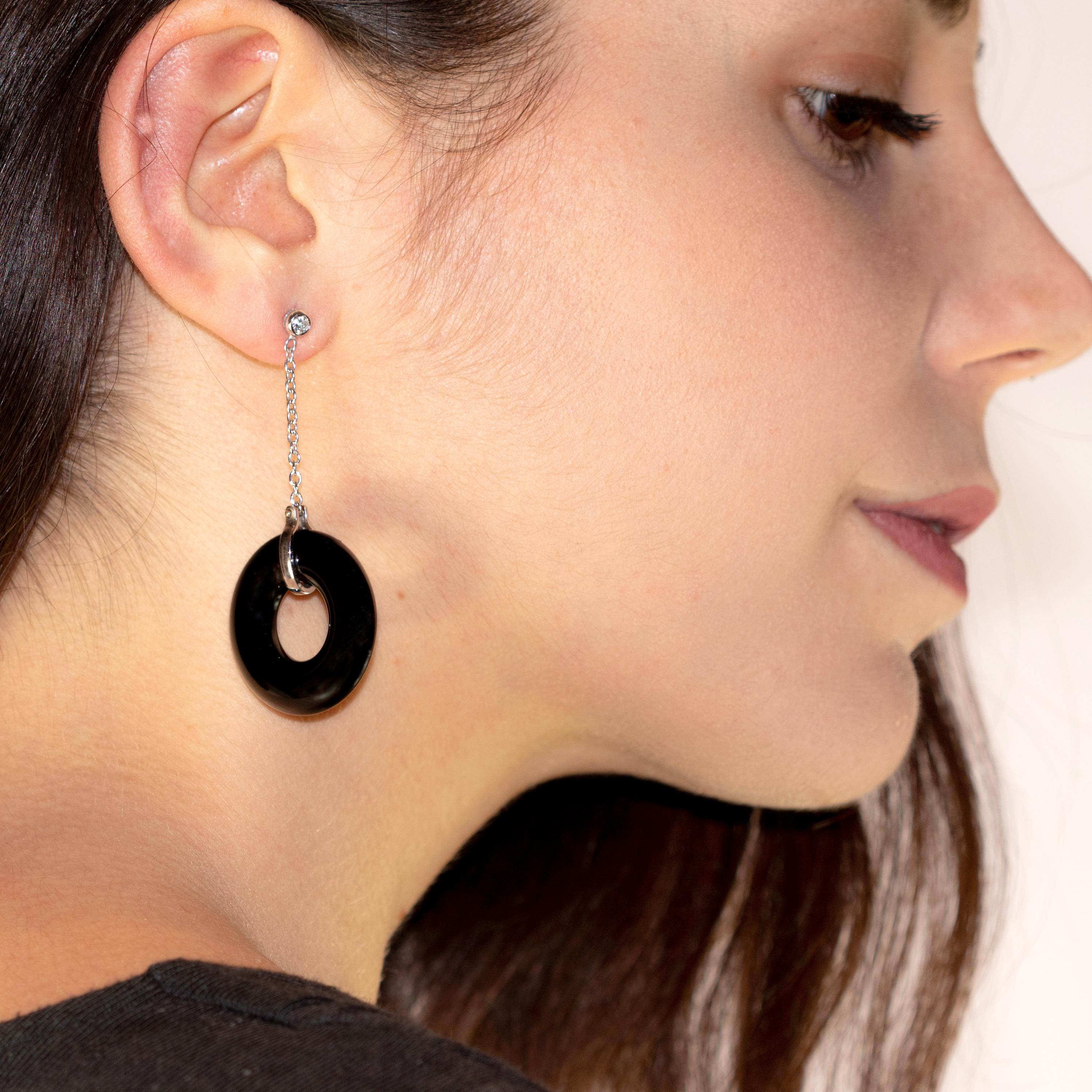 Pendientes Estilo Círculo Largo Redondo Donut Ágata Diamante Oro Blanco 18 Kilates Corte redondo en venta