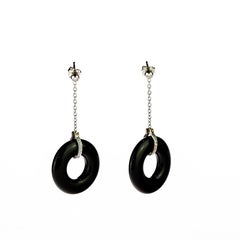 Agate Donut Diamond 18 Karat White Gold Round Long Circle Style Earrings