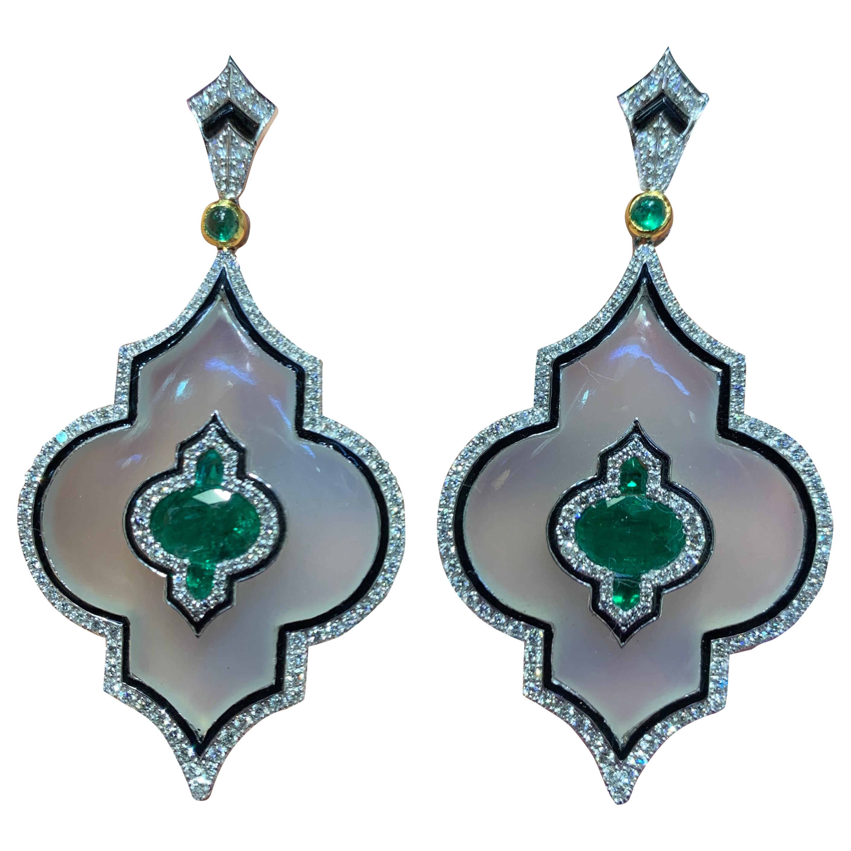 Agate, Emerald and Diamond Chandelier Earrings