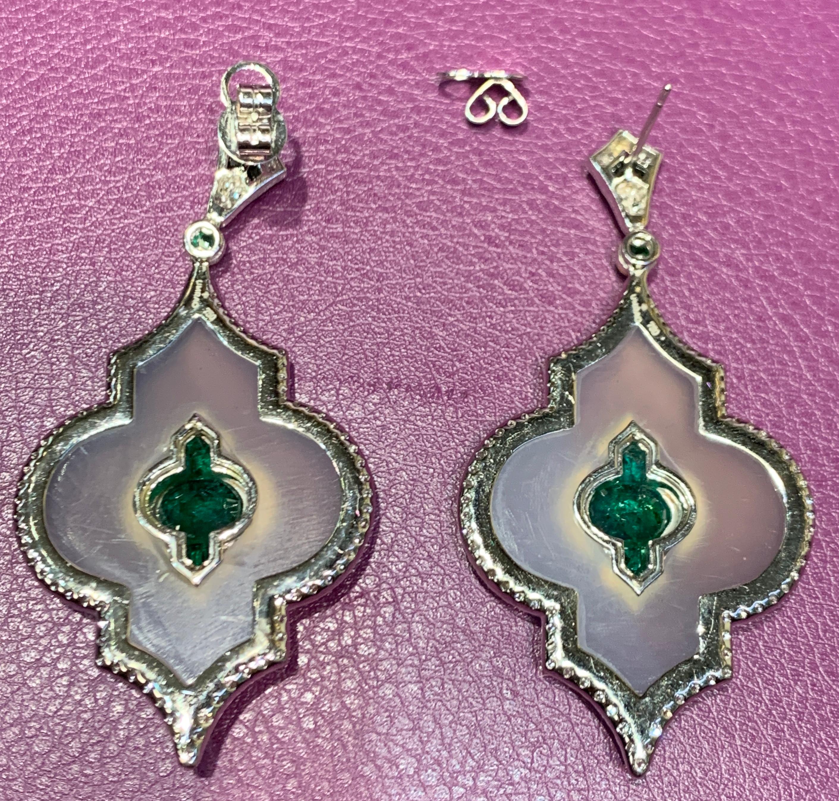 Modern Agate, Emerald and Diamond Chandelier Earrings