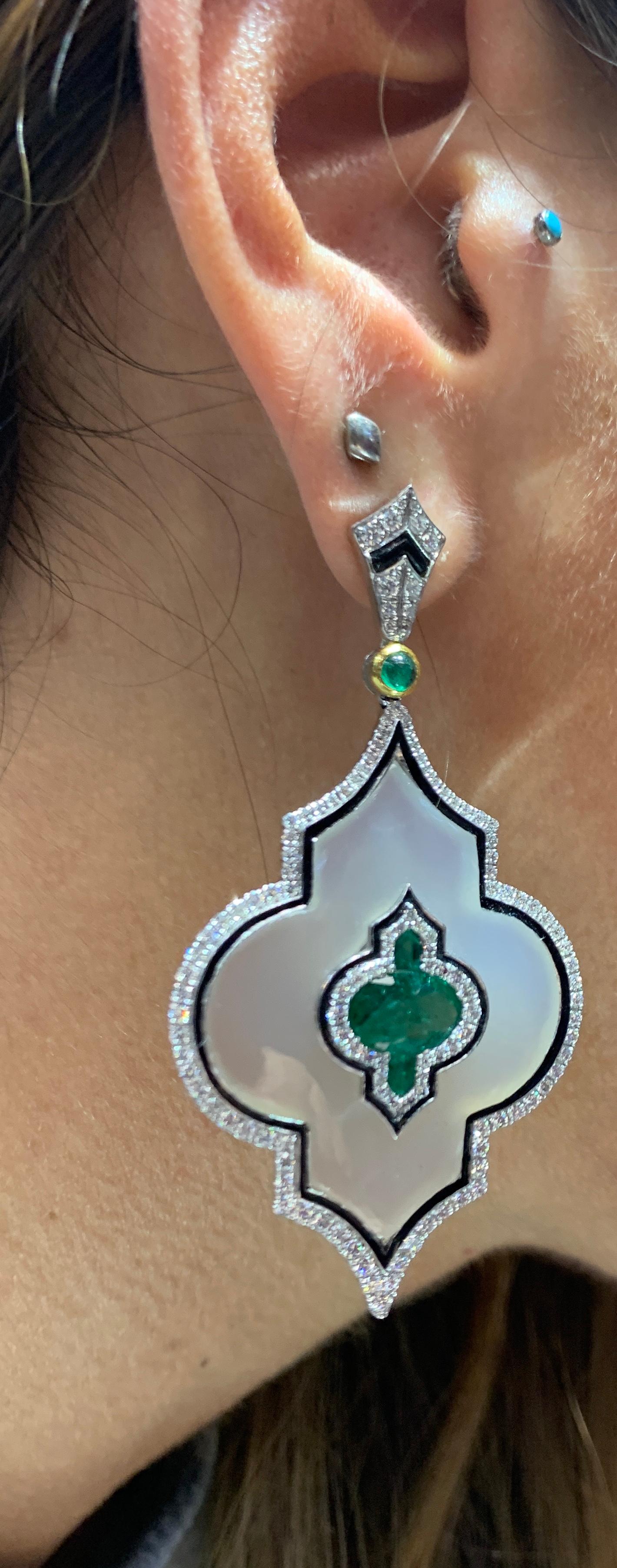 Oval Cut Agate, Emerald and Diamond Chandelier Earrings