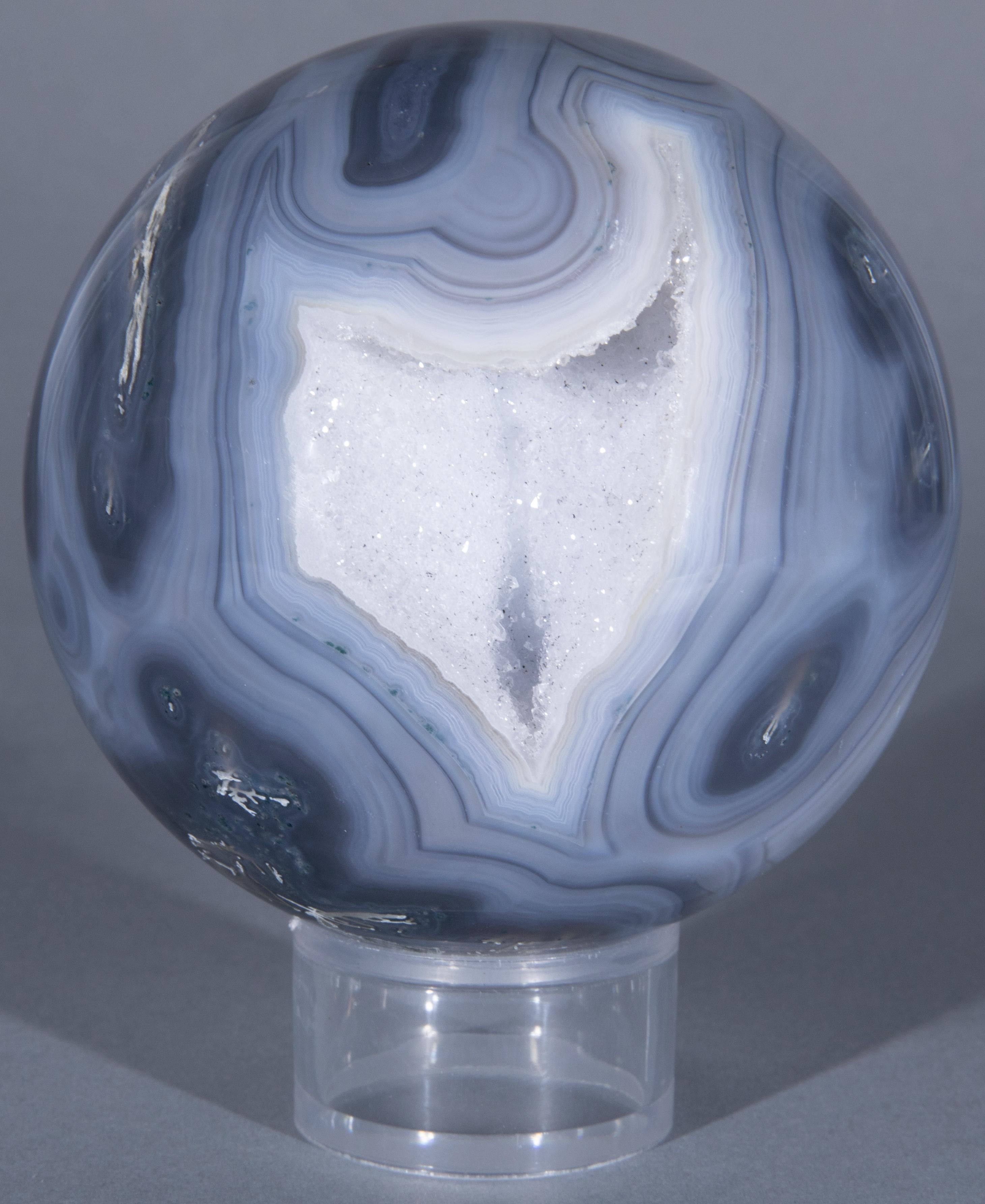 Agate Geode Sphere, Light Blue with Druze and White Quartz In Excellent Condition In London, GB